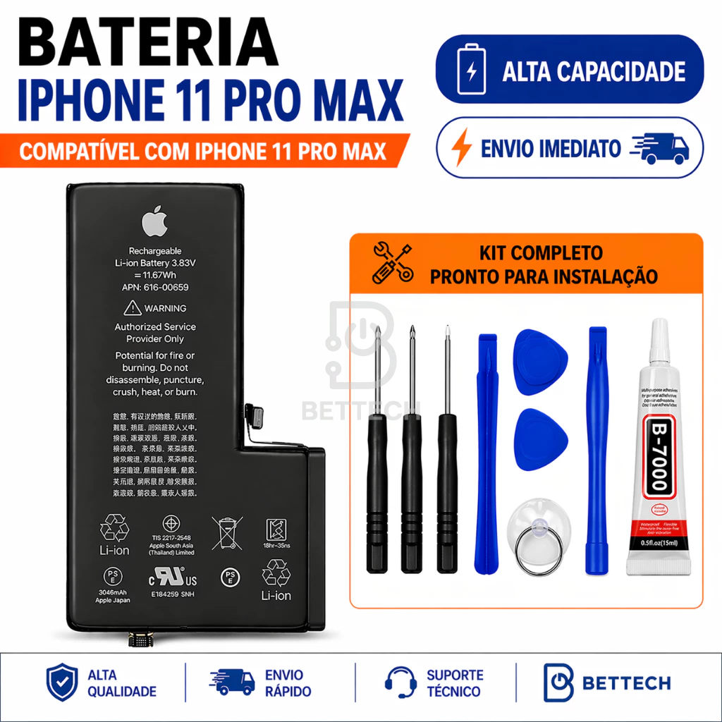 Bateria iPhone 11 Pro Max Foxconn Alta Capacidade 🔋 + Kit Completo + Envio Imediato