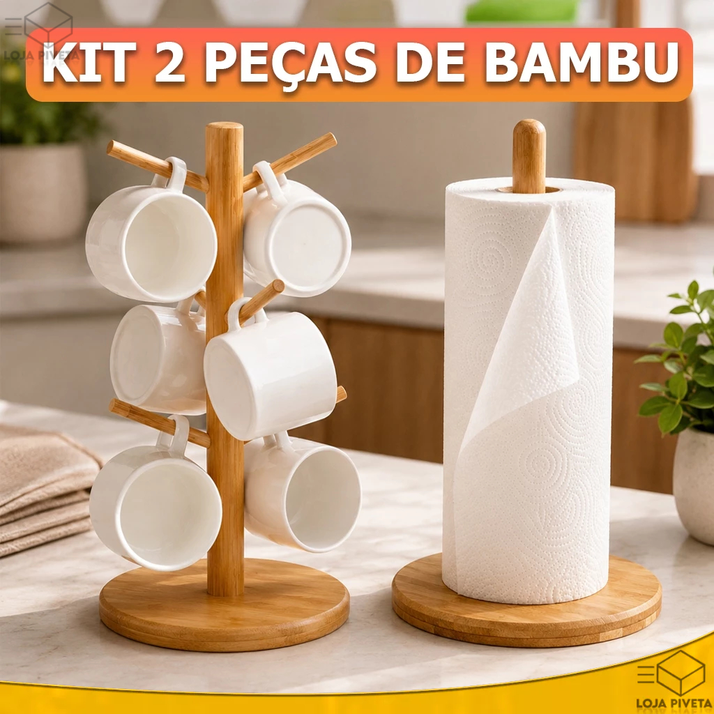 Kit Bambu Suporte Organizador de Xícaras Canecas Porta Papel Toalha Guardanapo Base Anti Derrapante