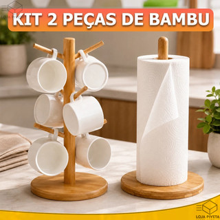 Kit Bambu Suporte Organizador de Xícaras Canecas Porta Papel Toalha Guardanapo Base Anti Derrapante