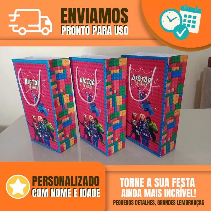Sacolinha Personalizada para Festa Infantil - Lembrancinha -  Sacolinha Surpresa - Lego Vingadores