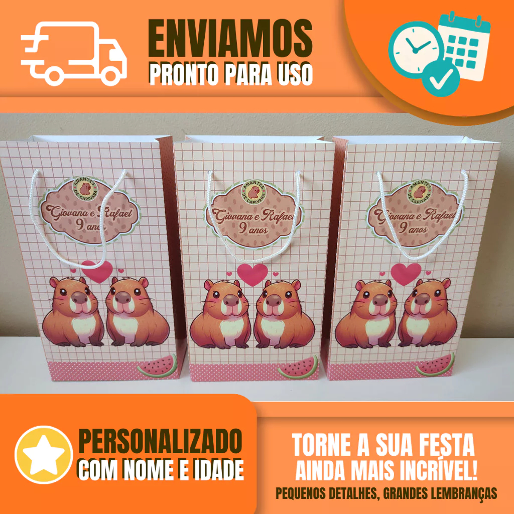 Sacolinha Personalizada para Festa Infantil - Lembrancinha -  Sacolinha Surpresa - Capivara