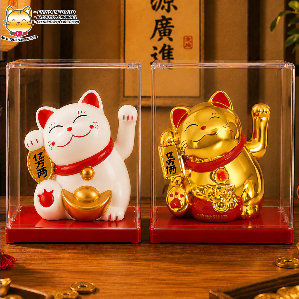 Maneki Neko Kit Gato da Sorte Japonês Solar Dourado e Branco - 2 Unidades