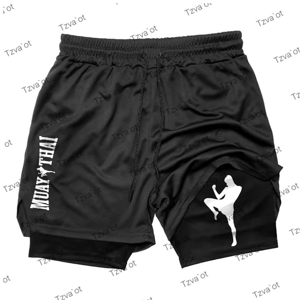 Short Com Forro 2 em 1 Muay Thai Masculino com Proteção UV e Compressão Bermuda para Academia