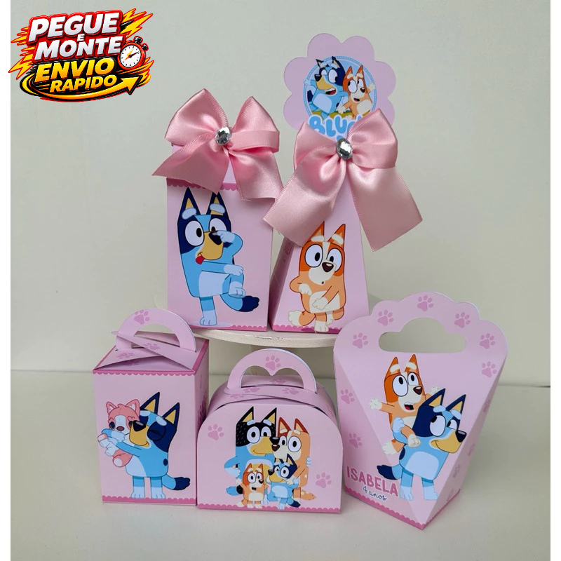 Kit Personalizados Pegue e Monte Blue Rosa Bingo Lembrancinha Caixinha (Informar Nome e Idade no Chat)