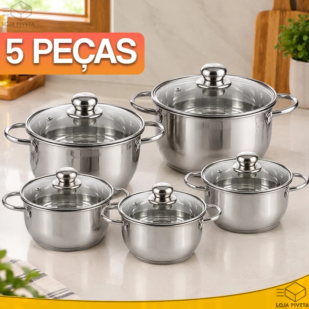 Kit Jogo 5 Panelas Caçarola de Aço Inox Com Tampa de Vidro Anti-Aderente Fogão Indução Cozinha