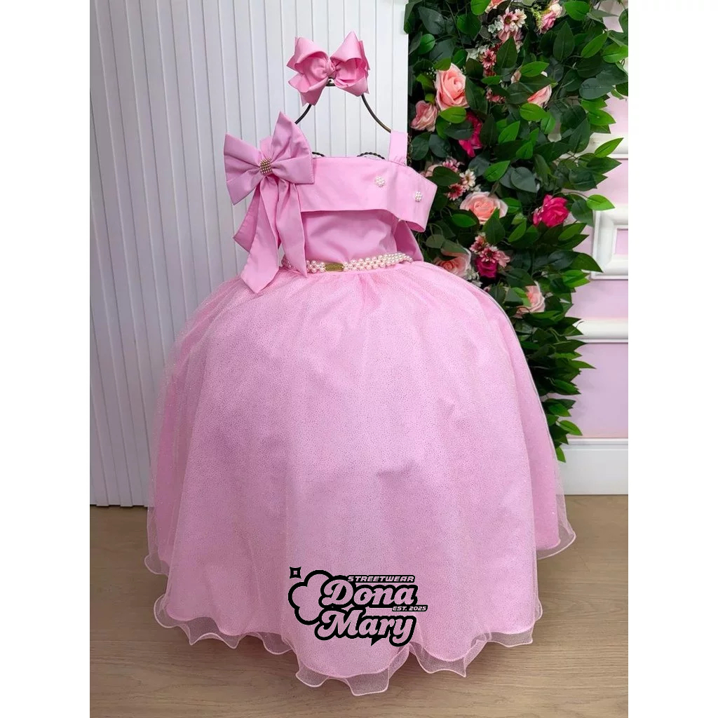 Vestido Longo Infantil Banana Club Modelo Elegância Rosa Chiclete Festa Menina