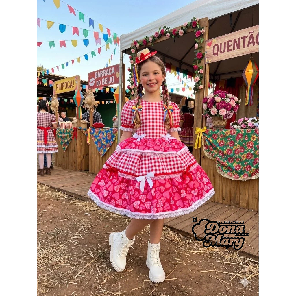 Vestido Estiloso Junino Mimadine Luxo Viviane Vermelho