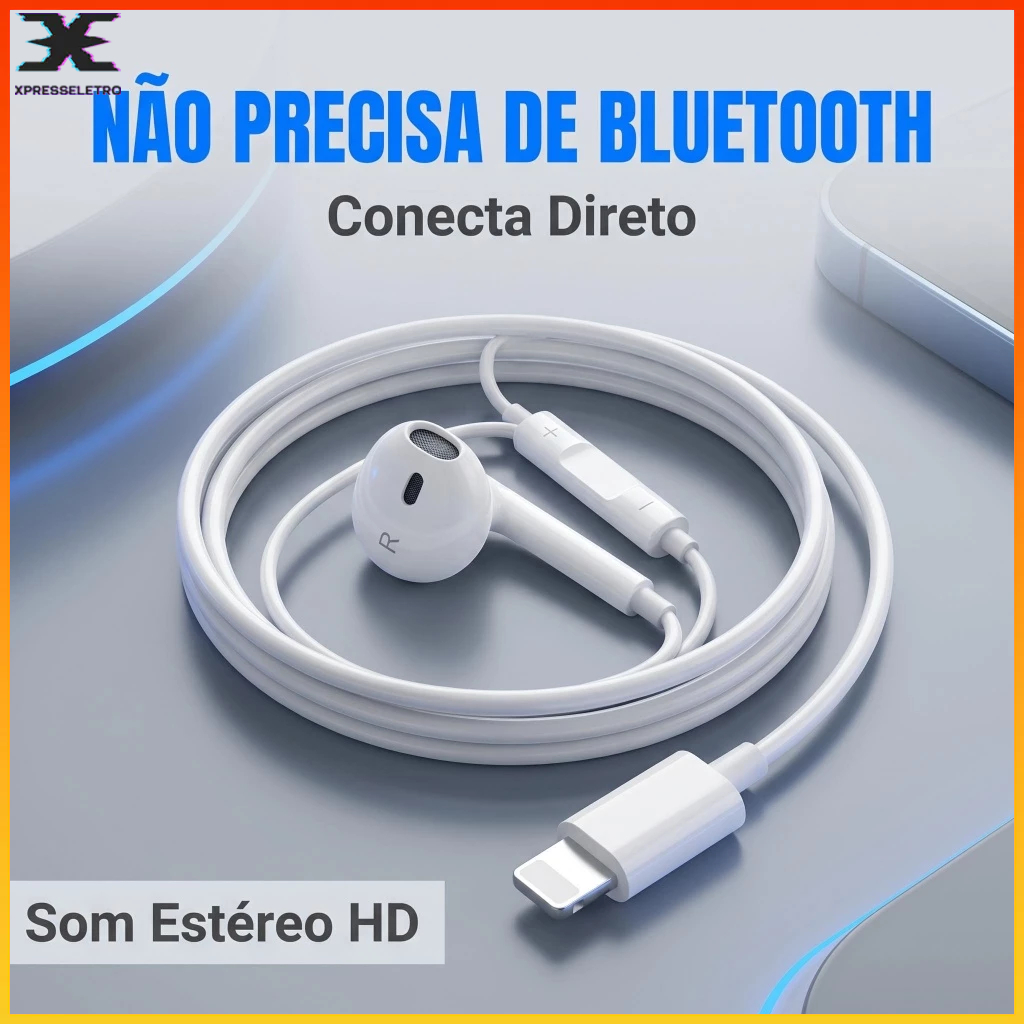 Fone de Ouvido com Fio Lightning com Microfone Som Estéreo HD para iPhone 7 8 X