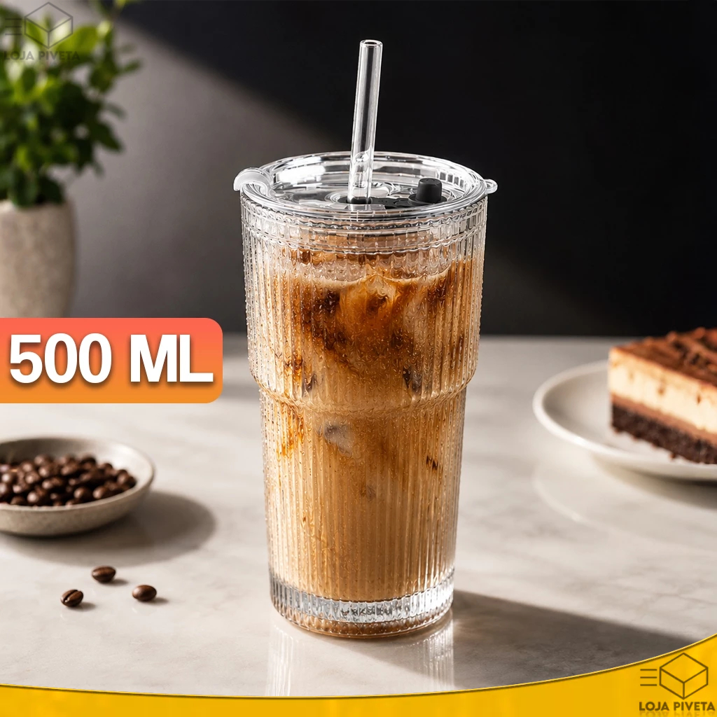Copo Caneca de Vidro Groove Canelado Com Tampa e Canudo 500ml Vedação Hermética Capuccino Água Suco