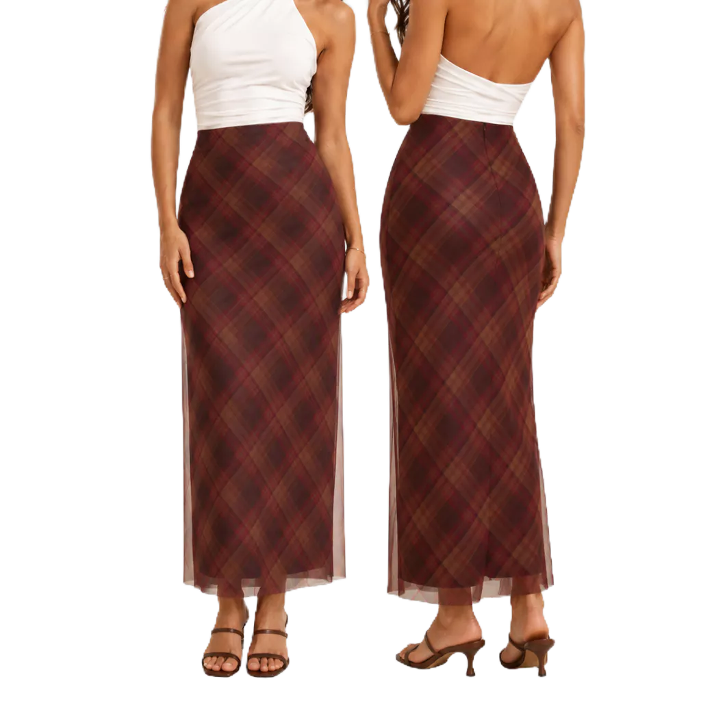 Saia Tule Midi Xadrez Feminina Moderna Elegante Casual Chic Fashion Moda Evangélica Trabalho Festa