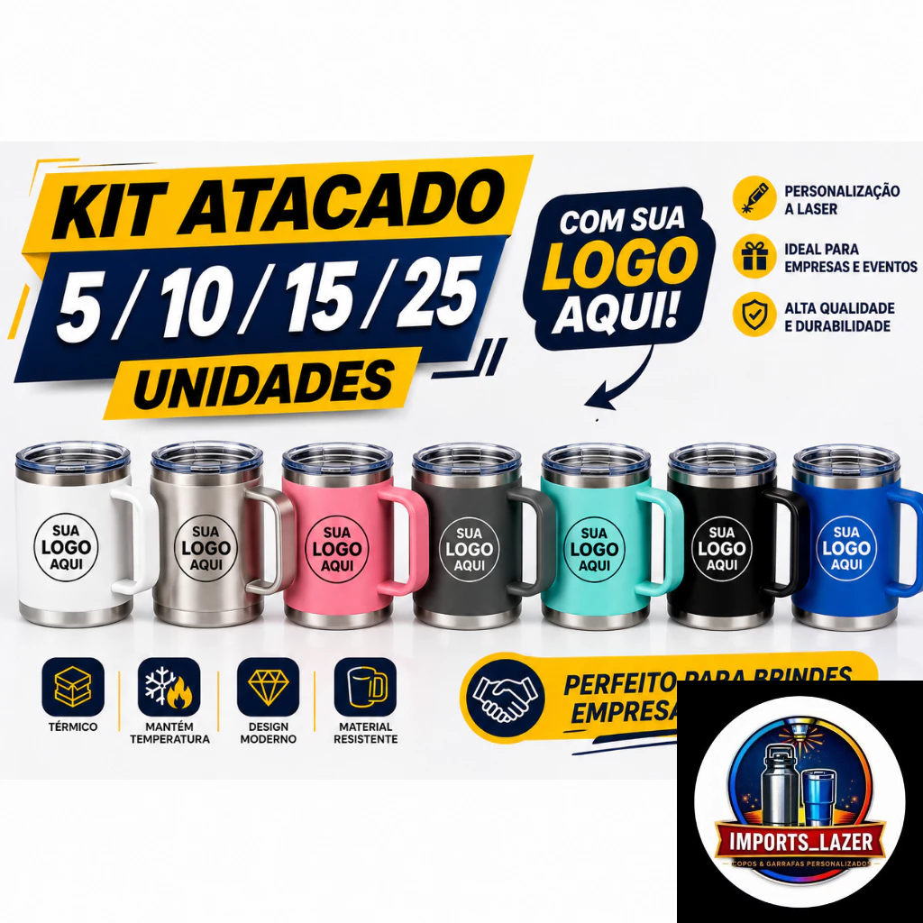 Kit 5/10/15/25 unidades Copo Térmico com Alça e Tampa Abre Fácil Caneca 350ml personalizado eventos aniversarios brinde
