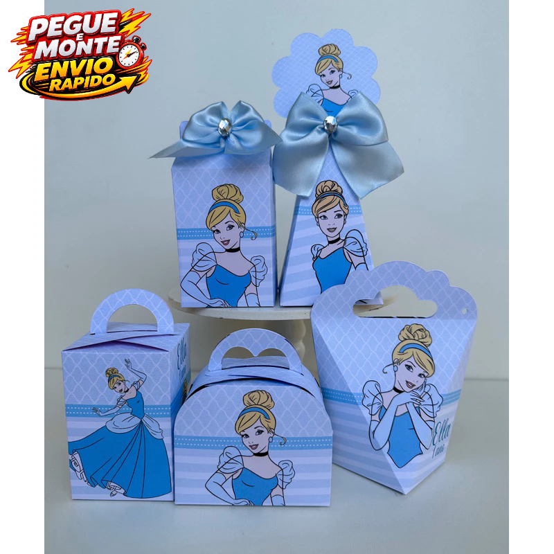 Kit Personalizados Princesa Cinderela Pegue e Monte Kit festa Lembrancinha Caixinha (Informe Nome e idade no Chat)