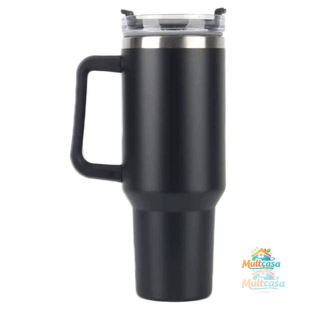Normal - Copo Caneca (1200 ml) Térmica Inox com Alça e Canudo - Preto