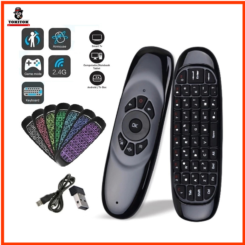 Mini Controle sem fio com Teclado Air Mouse S/fio ''2.4 GHZ'' Wireles Com Luz Led Universal USB Smart Tv