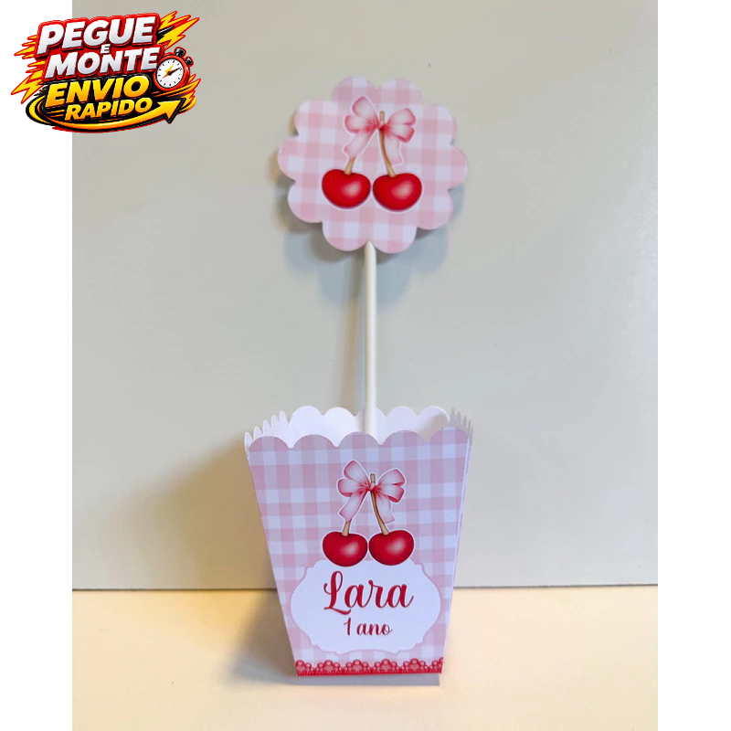 Centro de mesa Cerejinha Rosa Cachepo Cereja Personalizado Enfeite de mesa festa infantil Lembrancinha