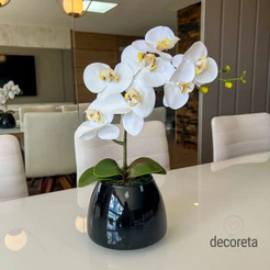 Orquídea Artificial Branca com Vaso de Vidro Preto Elegante