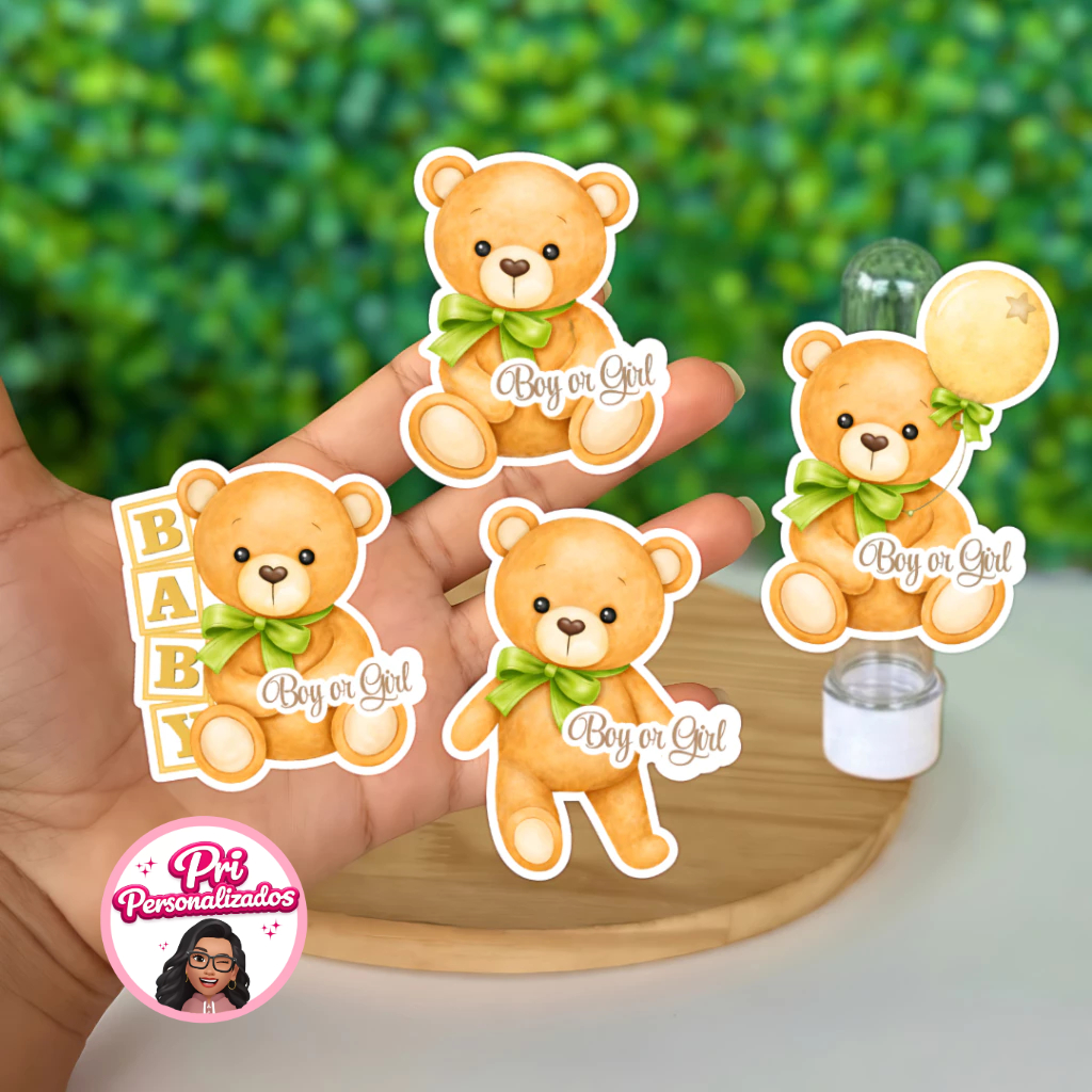 Apliques Para Tubetes Ursinho Verde Chá Revelação/ Lembrancinhas Aniversário Chá Urso