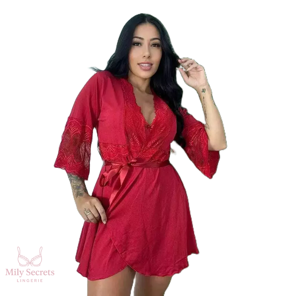Robe roupão microfibra roby de dormir curto feminino fita de cetim detalhes em renda kimono luxo