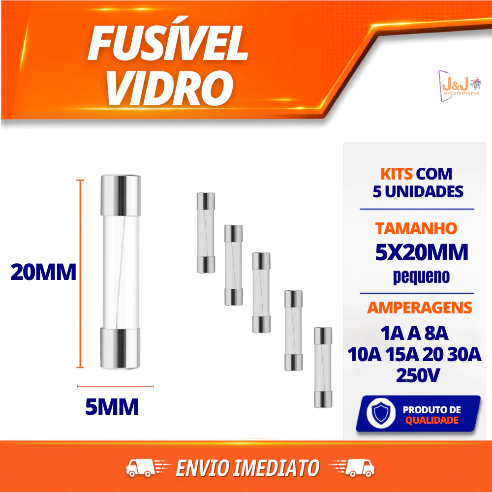 Fusível Vidro 5x20mm 1A a 30A Pacote 5 Unidades Kit 1 a 3 Pacotes Proteção Diversos Eletrodomésticos