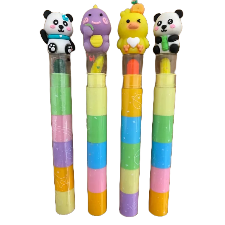 Kit com 4 Caneta Marca Texto Giz de Cera Colorido Empilhável com Panda Pintinho Dinossauro 5 Cores em 1 Papelaria Fofa