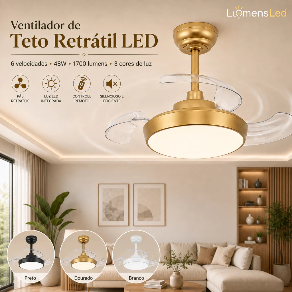 Ventilador de Teto Retrátil 48W Multicor LED 6 Velocidades com Controle Remoto Bivolt