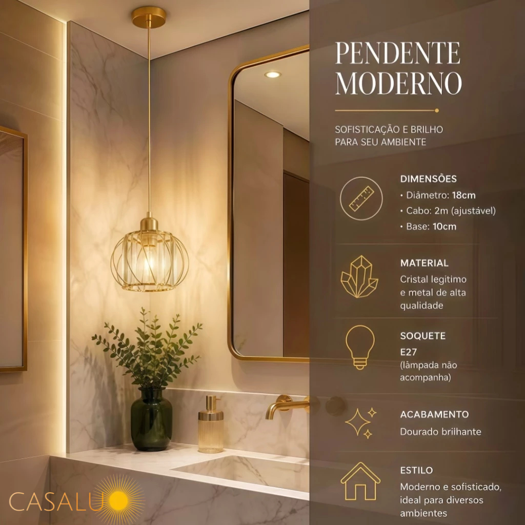 Luminária Pendente Cristal Dourado Bocal E27 Lustre Para Lavabo Cabeceira Balcão Canto Moderno Luxo