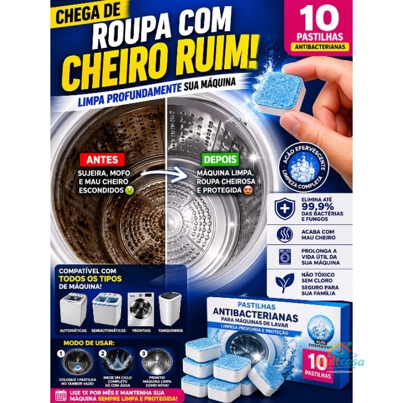 Pastilha Limpeza Máquina de Lavar Antibacteriana Efervescente Remove Odores Kit 10 Unidades