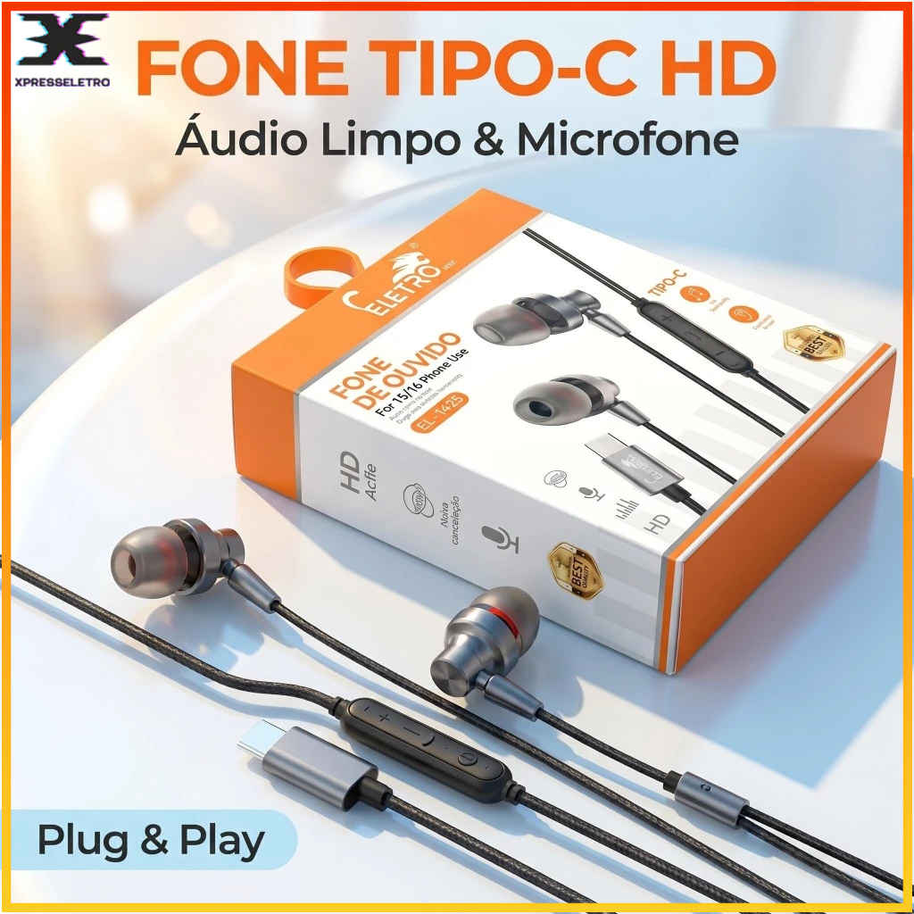 Fone de Ouvido USB-C Tipo-C EL-1425 com Microfone  Som HD Controle de Volume Compatível Android Celular Tablet