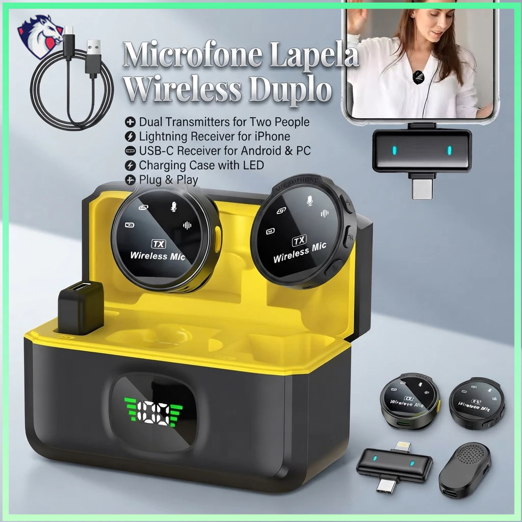 Microfone Lapela Wireless Duplo para Celular Android iPhone com Cancelamento de Ruído e Display LED