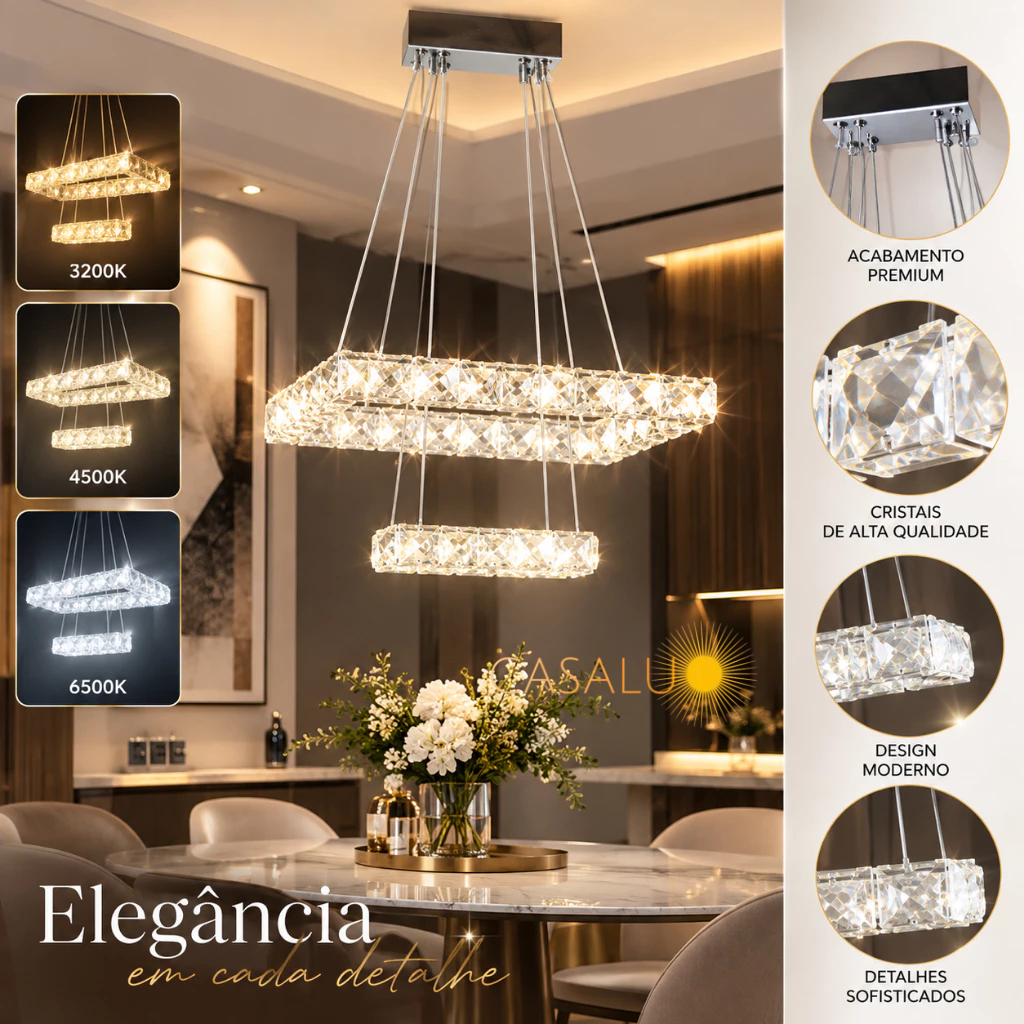Lustre Cristal Luminária Pendente Moderno Luxo Quadrado 2 Anel Aro 3 Cores Em 1 Para Mesa De Jantar