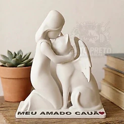 Escultura Mulher e Gato | Homem e Gato Homenagem Pet Com Asas Decoração Casa Presente Personalizável
