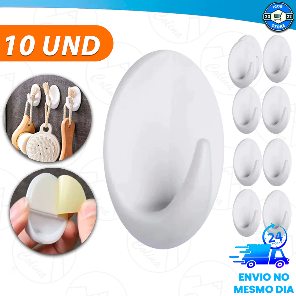 Kit Até 10 Ganchos Adesivo Plástico Branco Parede Toalha Cozinha Banheiro Kolling sell