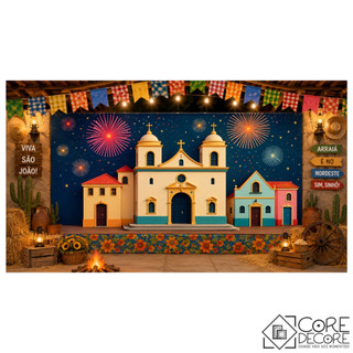 Painel Cenário de Festa em Lona Festa Junina Cenário Praça da Igreja Fogos Decoração Festa