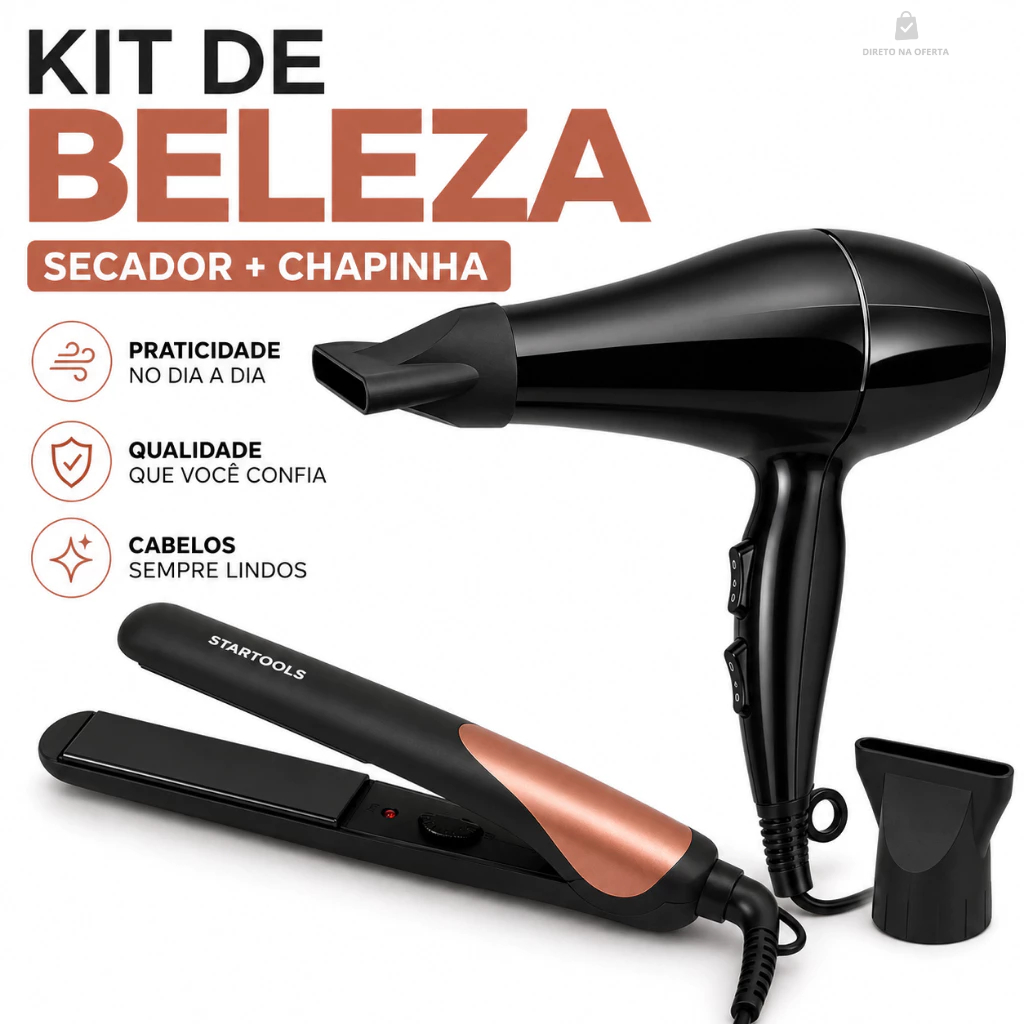 🔥 Kit Secador 1800W 127V Preto + Chapinha alisadora Bivolt Rosa 50W Profissional Prancha Compacta
