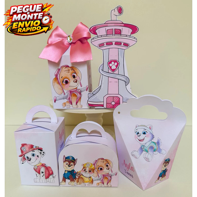 Kit Personalizados Patrulha Canina Aquarela Rosa Pegue e Monte Lembrancinha Caixinha Personalizada (MANDE NOME NO CHAT)