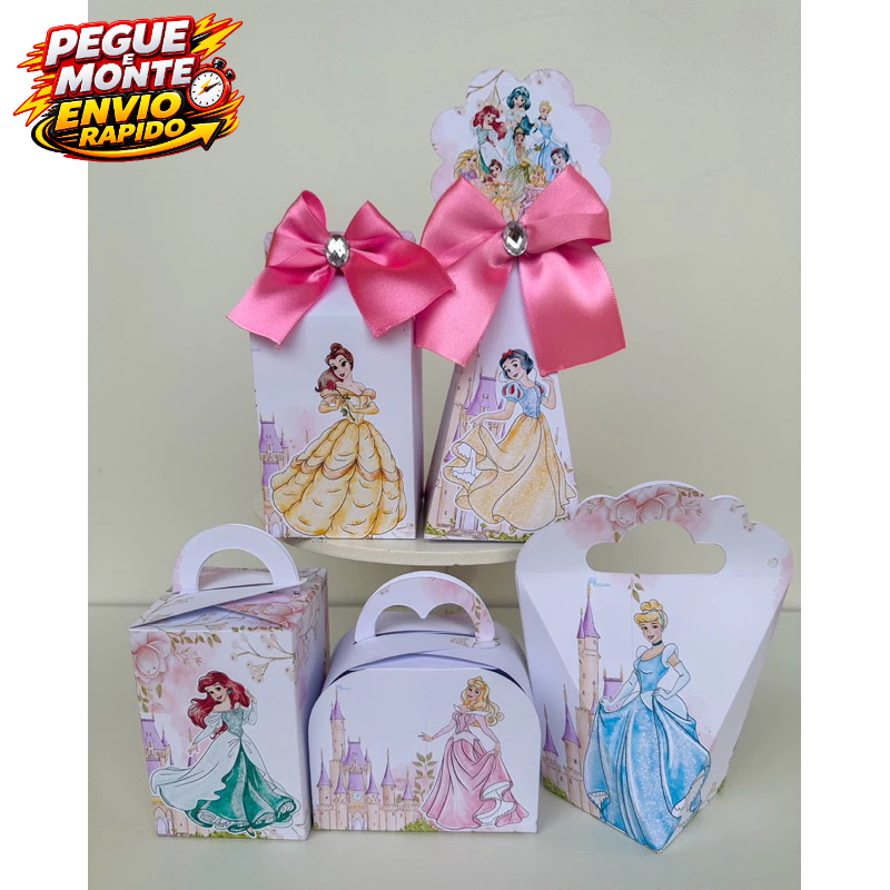 Kit Personalizados Princesas Disney Aquarela Pegue e Monte Lembrancinha Caixinhas Festa (Informe nome e idade no Chat)