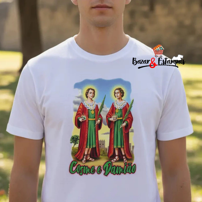 1 Camiseta São Cosme e Damião Imagem Tradicional Camisa Cosme e Damião Religiosa