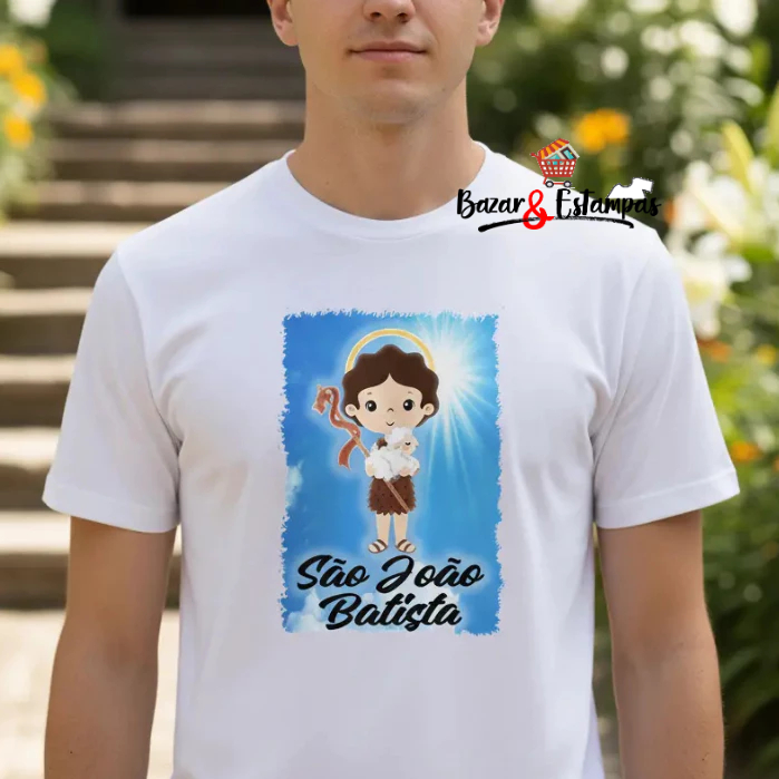 1 Camiseta São João Batista Bonequinho Cute Santo Religião Camisa São João Batista Unissex