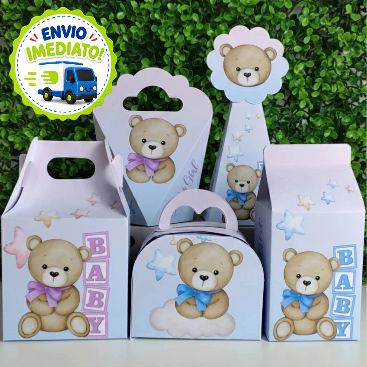 Kit 20/40/60 Caixinhas Ursinho Azul e Rosa - Lembrancinha para Chá Revelação (Pegue e Monte)
