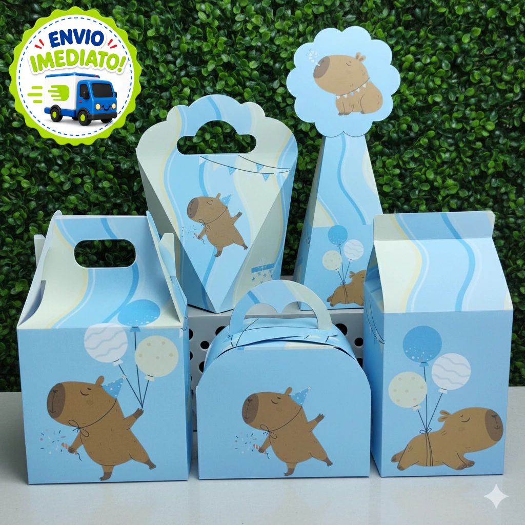Kit 20/40/60 Caixinhas Capivara Azul - Lembrancinha Aniversário Infantil (Pegue e Monte)