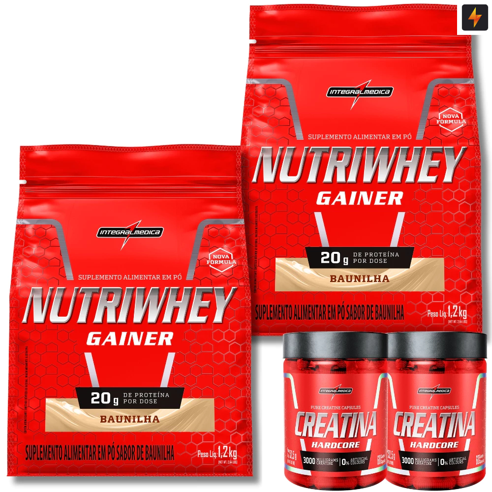 Kit 2x Nutri Whey Gainer Protein Refil 1,2kg + 2x Creatina Pura Hardcore 60 Cápsulas Integralmedica
