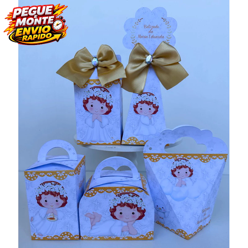 Kit Personalizados Batizado Menina Branco e Dourado Pegue e Monte Caixinha Lembrancinhas(Informe Nome e Idade pelo Chat)