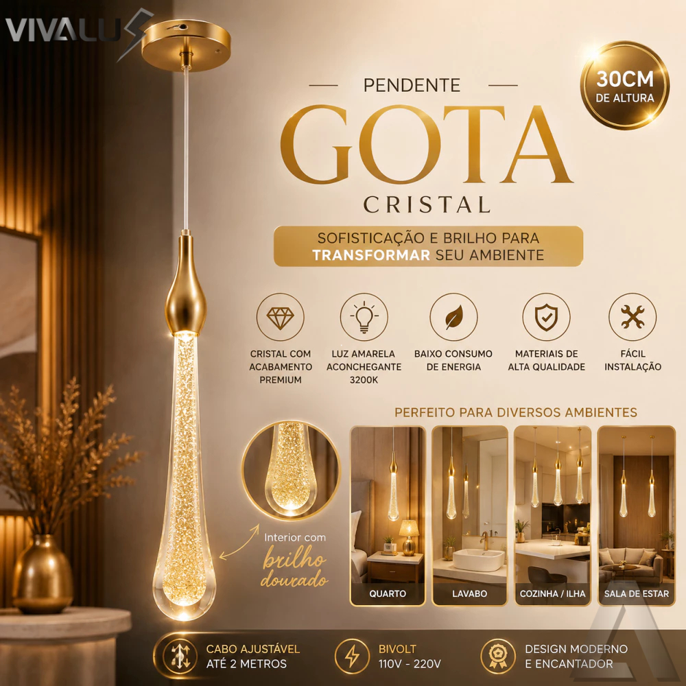 Pendente Cristal Gota Gotinha Dourado 3500K Cabo 2M Para Cabeceira Quarto Lavabo Hall Balcão Bar