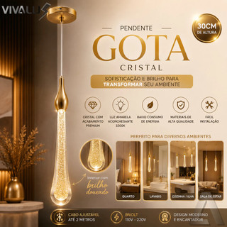 Pendente Cristal Gota Gotinha Dourado 3500K Cabo 2M Para Cabeceira Quarto Lavabo Hall Balcão Bar