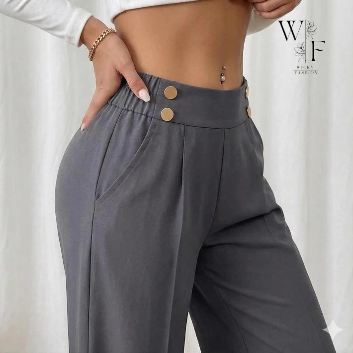 Calça Pantalona Feminina Alfaiataria Sensorial Elegante com Botões Dourados Detalhados e Cós Ajustavel em Oferta na Shopee