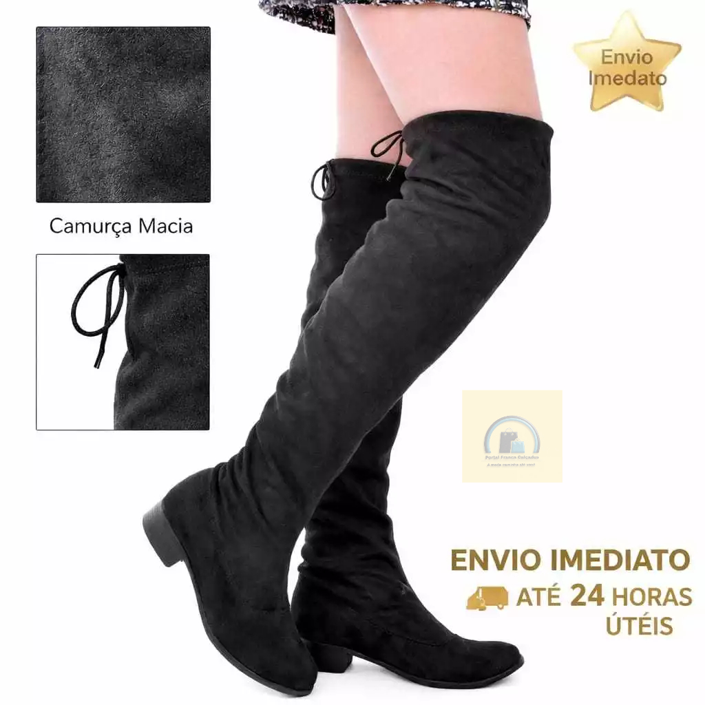 Bota Over Knee Feminina Camurça Cano Alto Ajustável Conforto Premium Acima do Joelho Envio Imediato