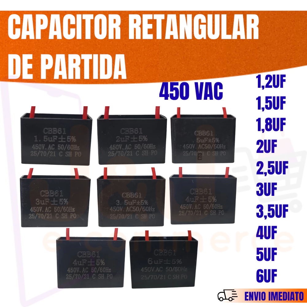 Capacitor Para Ventilador Retangular 1.2uF a 6uF Teto Mesa Parede Partida Forte Universal 450v 2 fios