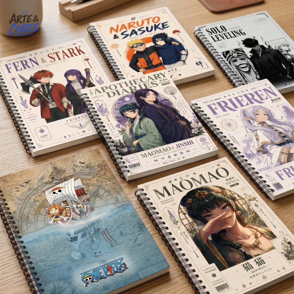 Caderno Anime | Capa Dura | NARUTO, SOLO LEVELING, FRIEREN, THE APOTHECARY DIARIES, ONE PIECE