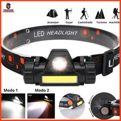 Lanterna de Cabeça Recarregável c/LED XPE + COB, Ímã Lateral e Alça Elástica/Potência e Praticidade