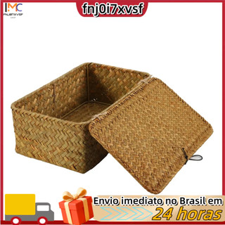 Cesto de armazenamento em rattan,de palha para algas marinhas,cesto de armazenamento multiuso tecido à mão com tampa10cm
